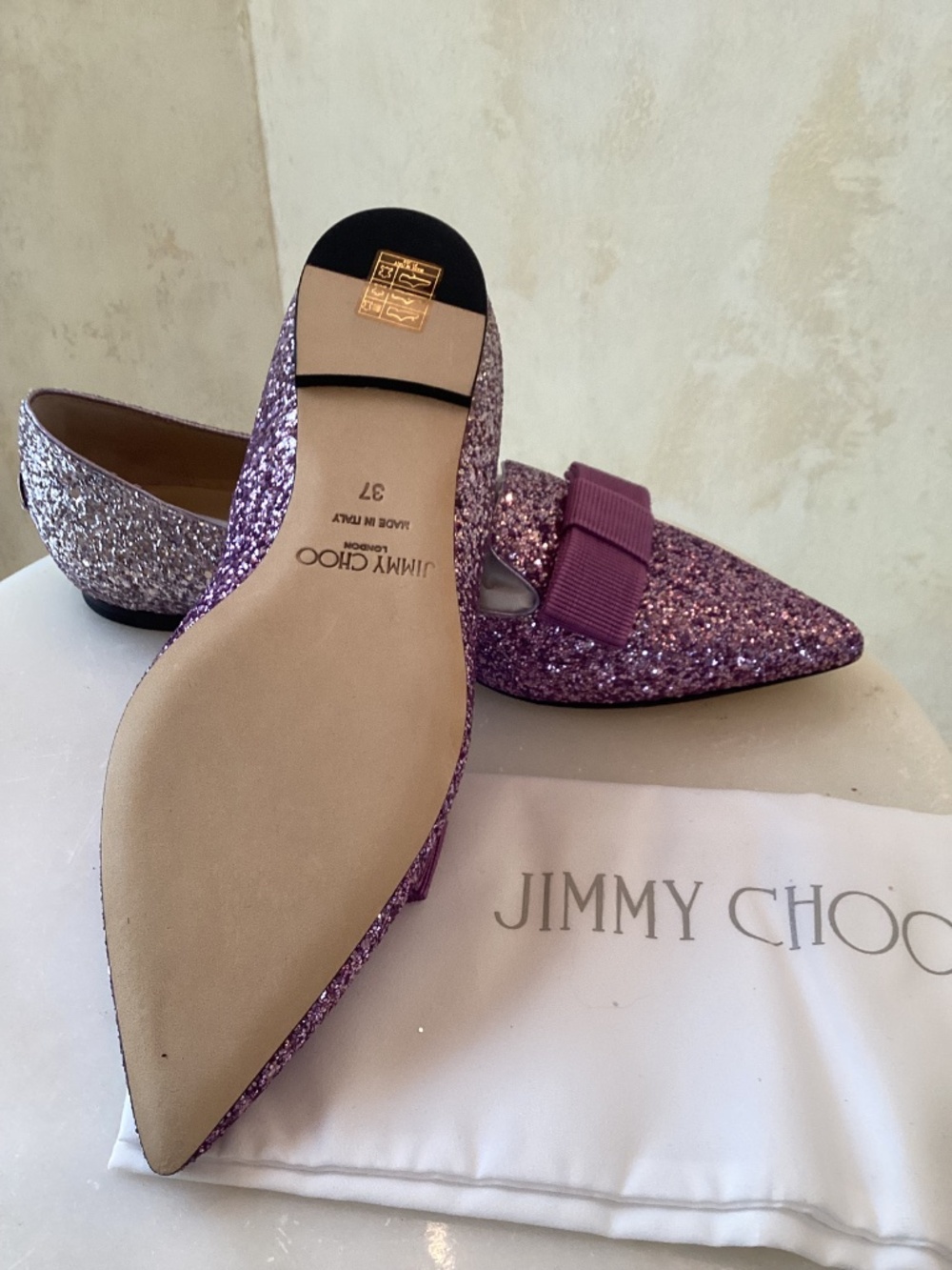 JIMMY CHOO PINK VIOLET SHOE - CHAMPAGNE PINK VIOLET GLITTER FLAT - SIZE 7 / EU - Picture 8 of 9